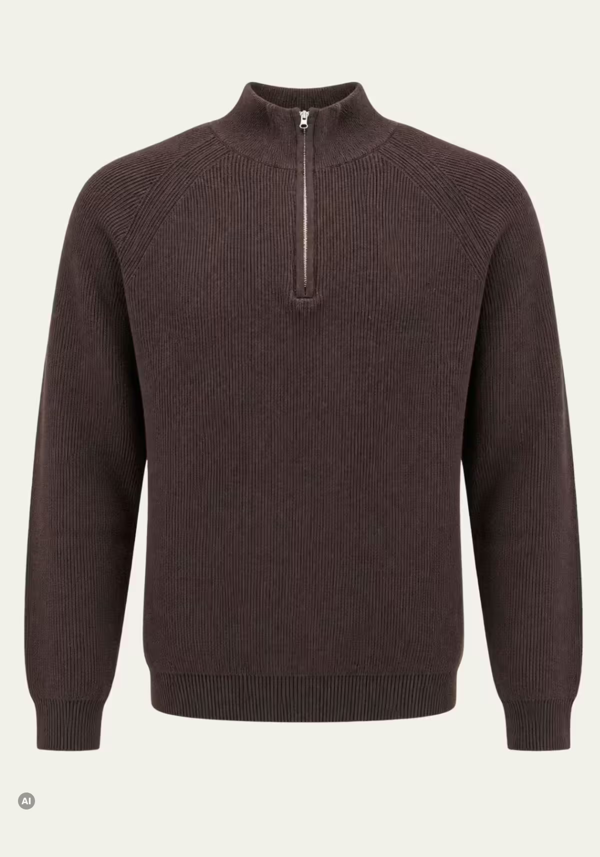 Brauner Herren Pullover aus Merinowolle in Frontansicht mit Reißverschluss am Kragen.