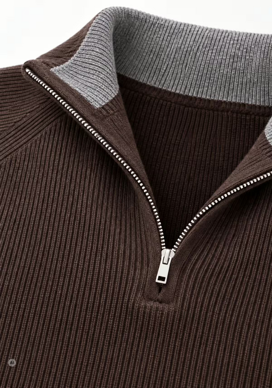 Nahaufnahme des braunen Herren Pullovers aus Merinowolle mit offenem Kragen und heller Innenseite.