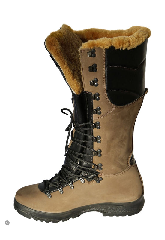 Lammfell-Wanderstiefel in Braun mit schwarzer Schnürung in seitlicher Ansicht freigestellt.