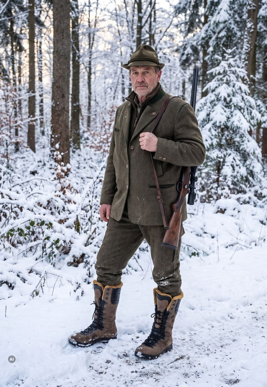 Herren-Lammfell-Wanderstiefel im Schnee, getragen bei einer Wintertour im Wald.