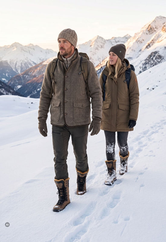Unisex-Lammfell-Wanderstiefel im Schnee, getragen von Frau und Mann bei einer Outdoor-Tour.