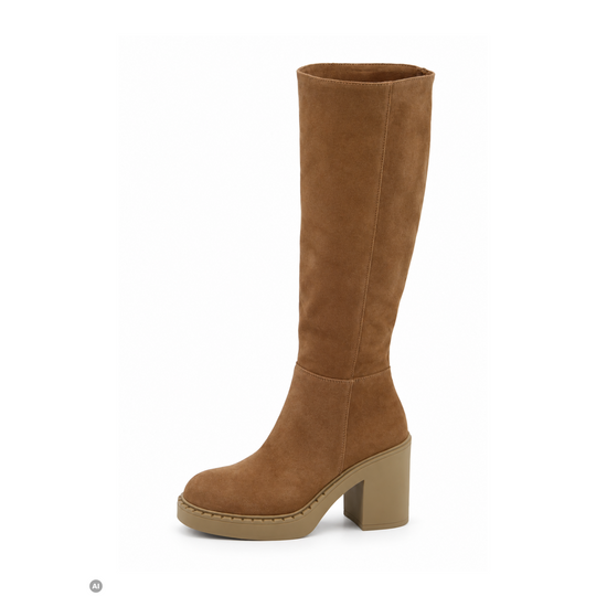 Braune Damen-Stiefel aus Veloursleder in Seitenansicht mit Blockabsatz und hoher Schaftform.