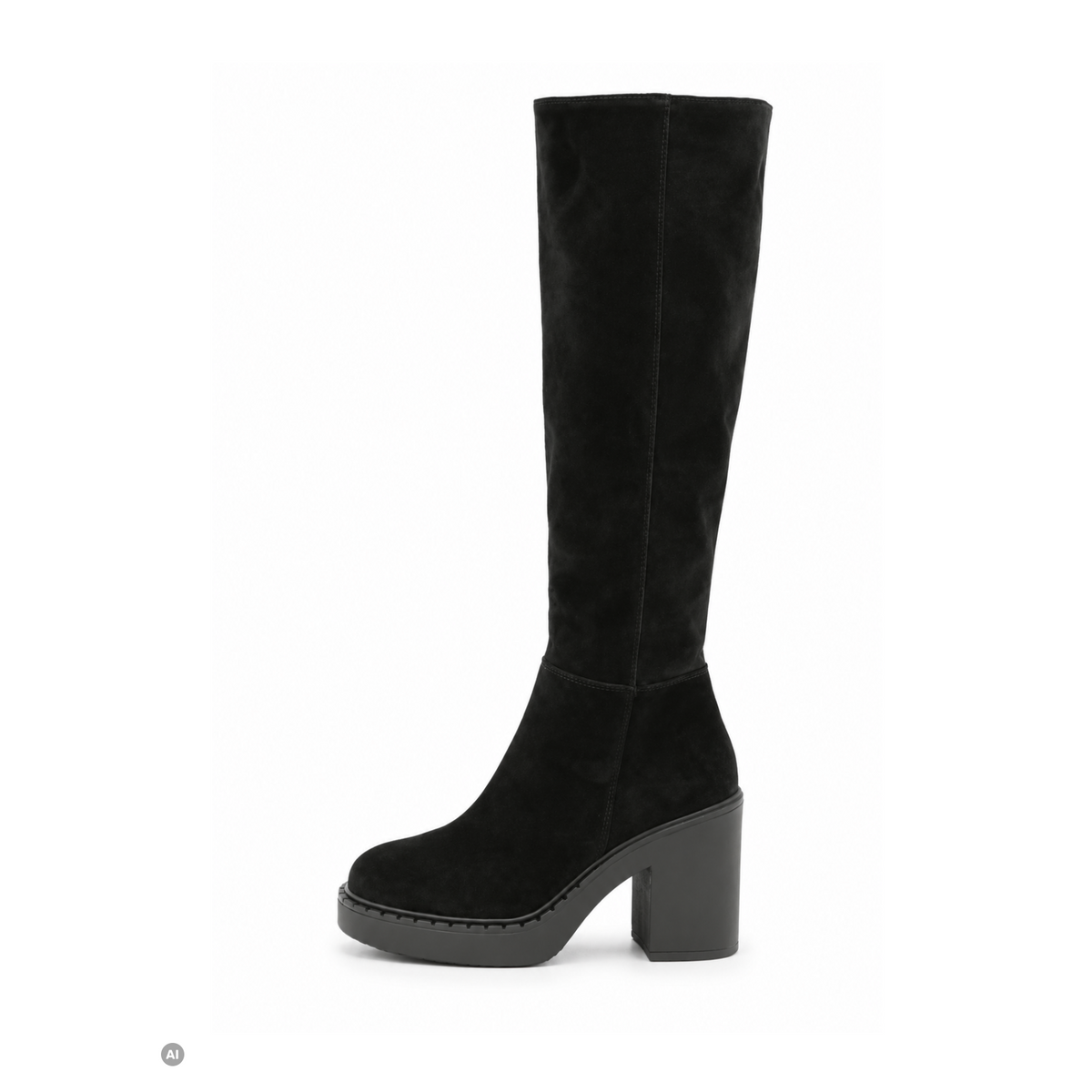 Schwarzer Damen-Stiefel aus Veloursleder mit Blockabsatz in seitlicher Ansicht, freigestellt auf weißem Hintergrund.