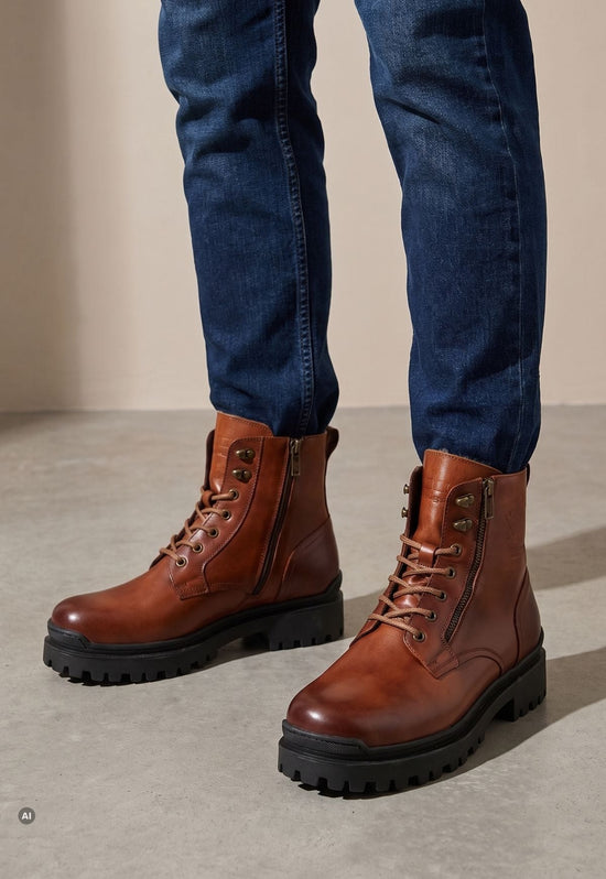 Braune Herren-Lammfell-Stiefeletten getragen zu Jeans, mit Schnürung, Reißverschluss und Profilsohle.