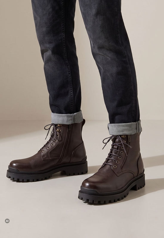 Dunkelbraune Lammfell-Stiefeletten für Herren aus Leder, getragen zu umgekrempelter Jeans.