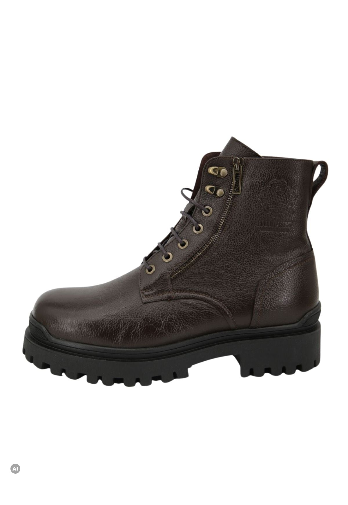 Dunkelbraune Lammfell-Stiefelette für Herren aus Leder in seitlicher Ansicht freigestellt.