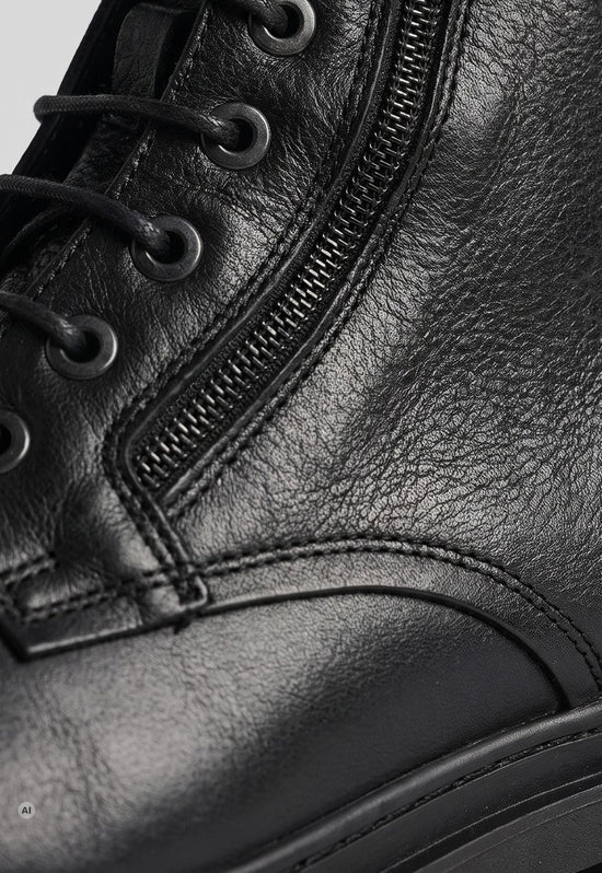 Detail der schwarzen Herren-Stiefelette aus Leder mit Reißverschluss und feiner Narbung.