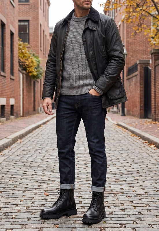 Getragene schwarze Herren-Stiefelette aus Lammfell und Leder mit Jeans und Jacke im Freien.
