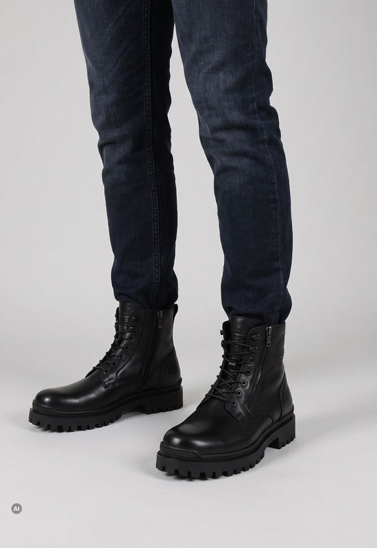 Schwarze Herren-Stiefelette aus Lammfell und Leder an den Beinen eines Mannes im Studio.