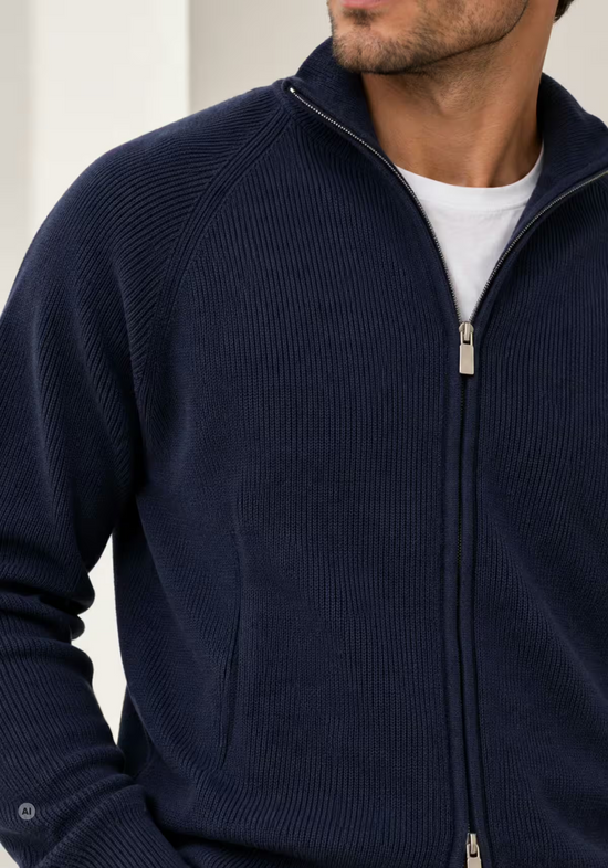 Herren Strickjacke aus Merinowolle in Dunkelblau, seitliche Nahaufnahme am Oberkörper.