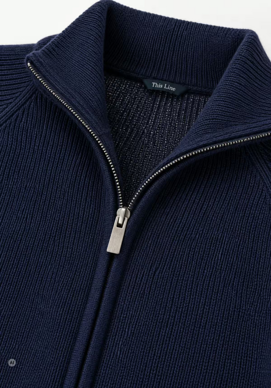 Herren Strickjacke aus Merinowolle in Dunkelblau, Nahaufnahme von Kragen und Reißverschluss.