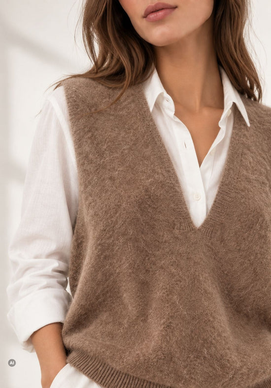 Damen-Strickweste aus Wolle und Kaschmir in Braun, nahes Detail am V-Ausschnitt.