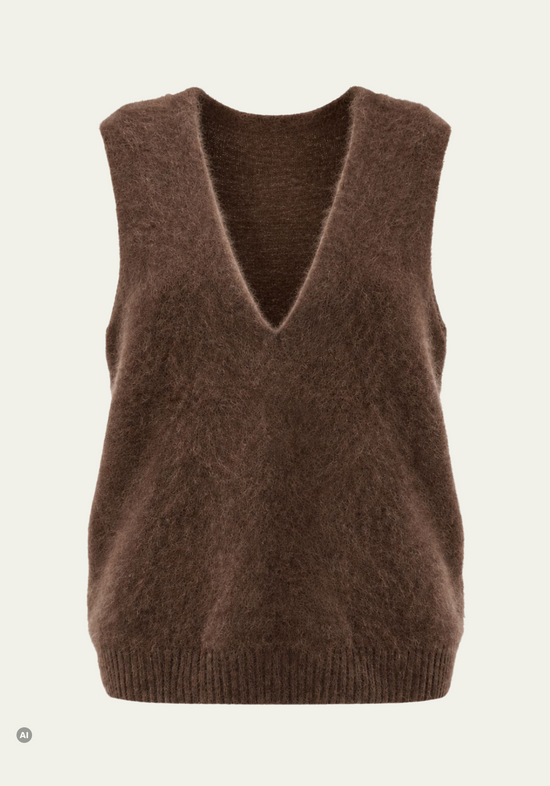 Braune Damen-Strickweste aus Wolle und Kaschmir als freigestellte Frontansicht mit V-Ausschnitt.