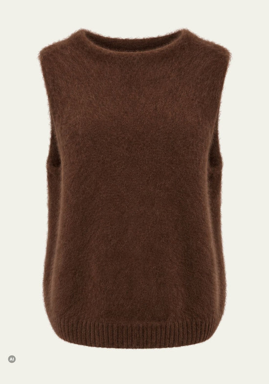 Braune Damen-Strickweste aus Wolle und Kaschmir als freigestellte Rückseite mit geripptem Saum.