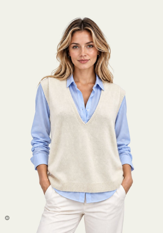 Ecru Damen-Strickweste aus Wolle und Kaschmir, getragen mit hellblauem Hemd und heller Hose.