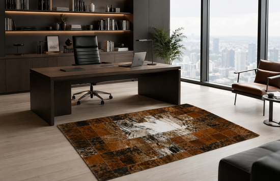 Kuhfell Teppich in Braun, Weiß und Schwarz als Ansicht im modernen Büro mit Schreibtisch.