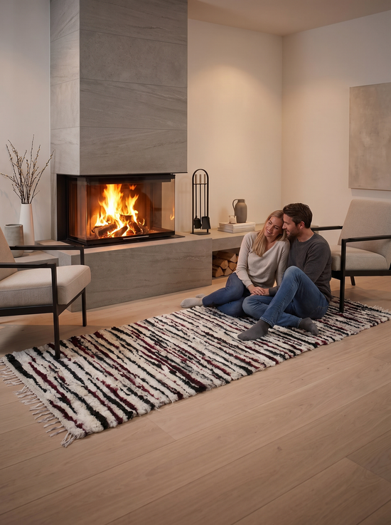 Schafwoll-Teppich in Mehrfarbig mit zwei sitzenden Personen vor dem Kamin im Wohnzimmer
