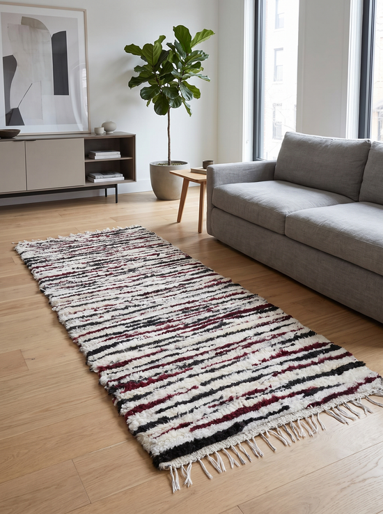 Schafwoll-Teppich als Läufer in Mehrfarbig auf Holzboden im Wohnraum neben Sofa und Pflanzen