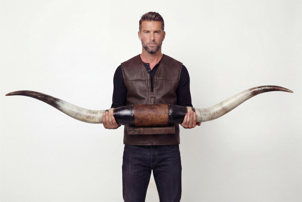 Mann hält eine schwarze Wanddekoration aus Leder mit langen Longhorns von vorne.