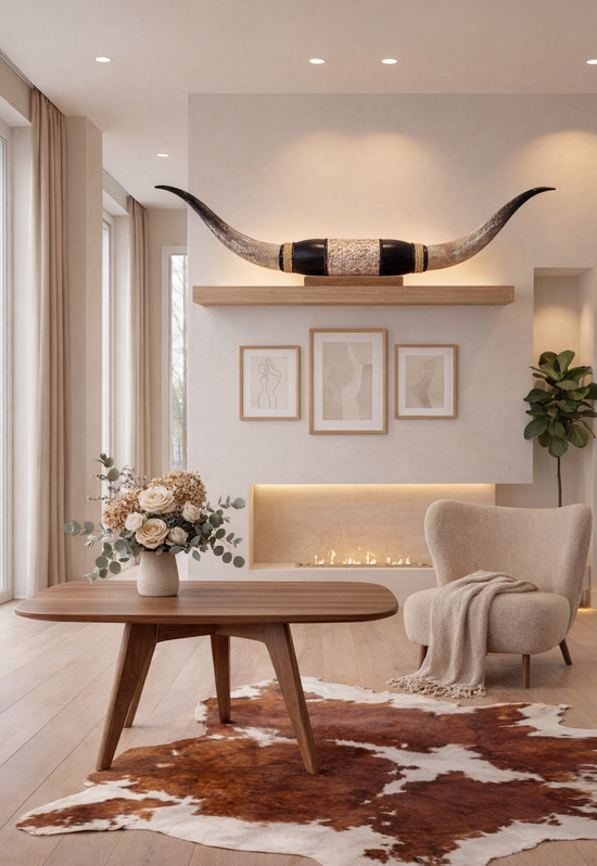 Schwarze Wanddekoration aus Leder mit Longhorns in einem hellen Wohnzimmer über dem Kamin.