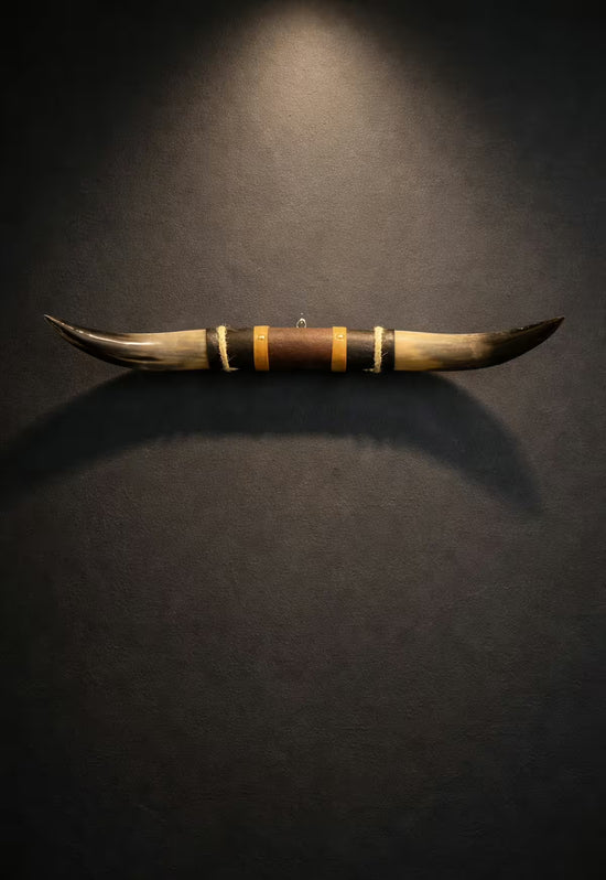 Bullenhorn-Wanddekoration aus Naturhorn mit Leder-Holzhalterung an dunkler Wand