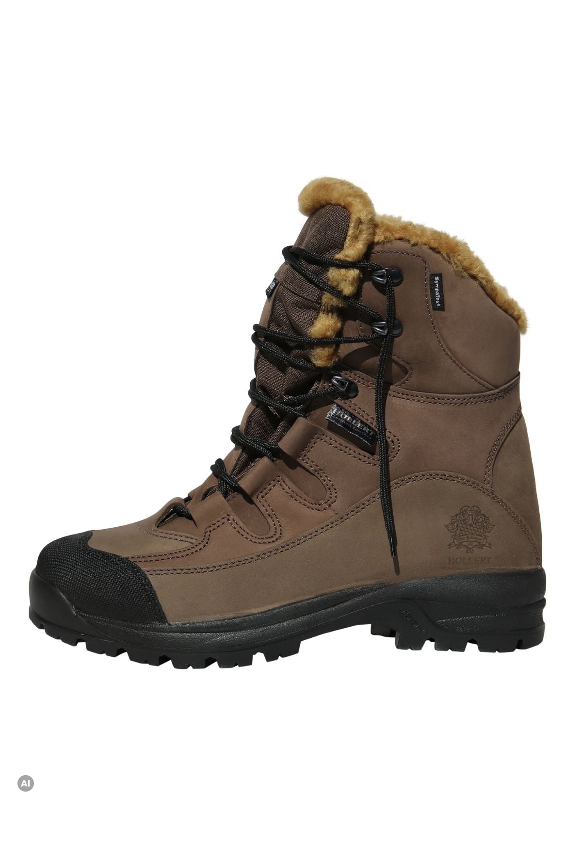 Brauner Lammfell-Wanderstiefel mit schwarzer Sohle und Schnürung in Seitenansicht.