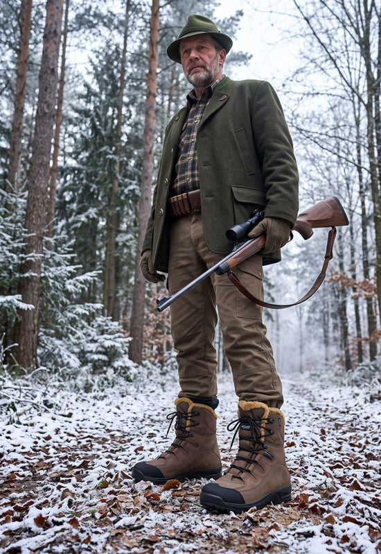 Mann im Wald mit braunen Lammfell-Wanderstiefeln, Jeans und Gewehr im Schnee.