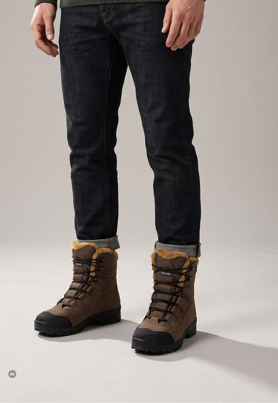 Herrenbeine im Studio mit braunen Lammfell-Wanderstiefeln, Jeans und schwarzer Sohle.