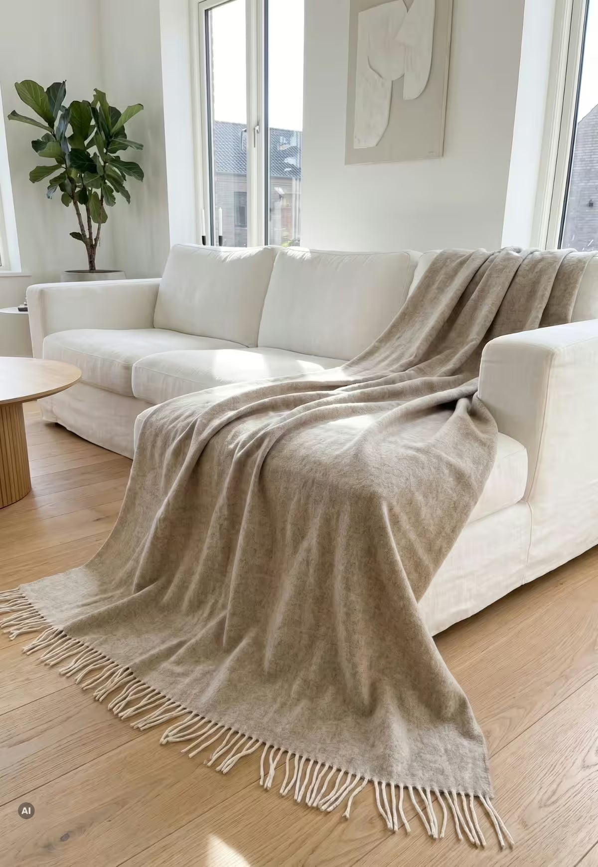 Beige Wolldecke Marie mit Fransen über cremefarbenem Sofa in hellem Wohnzimmer mit Fensterblick